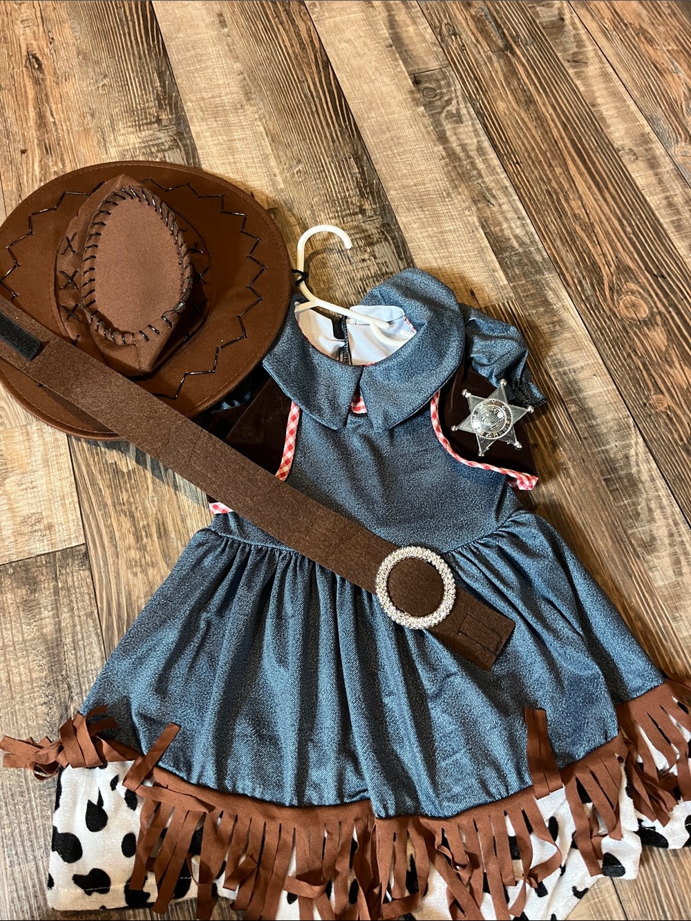 Cowgirl Costume Dress with Fringed Belt and Hat